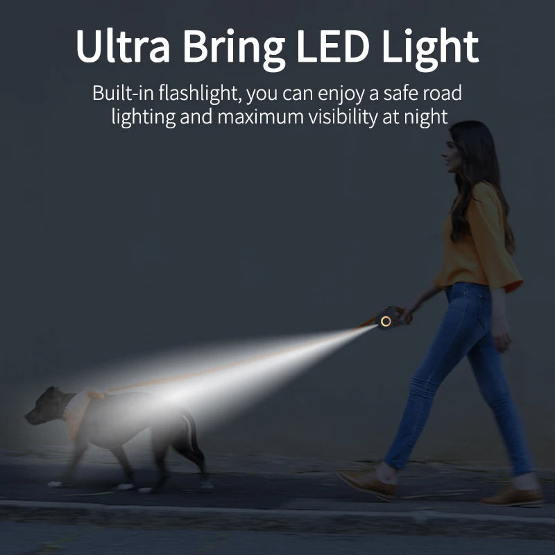 Corde de marche lumineuse pour chien rétractable automatique